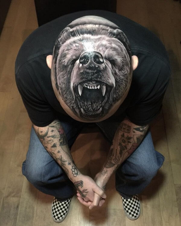 Bear's head tattoo by Ste Haury at Design 4 Life in