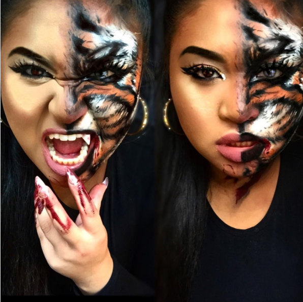 half ghost face tiger half face halloween makeup