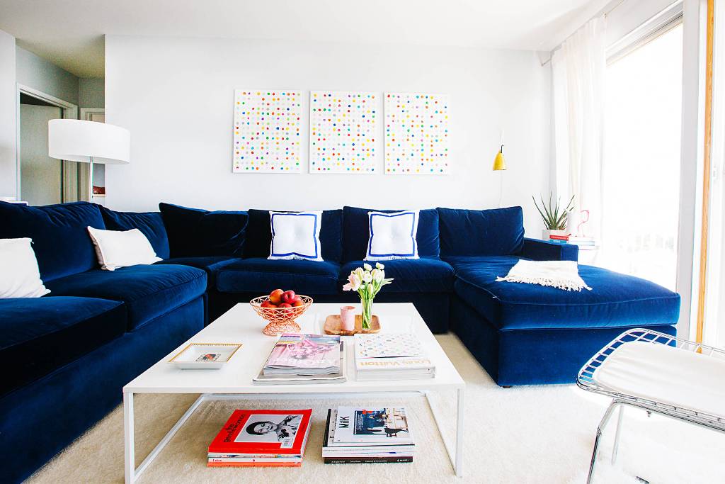 Living Room With Blue Velvet Couch