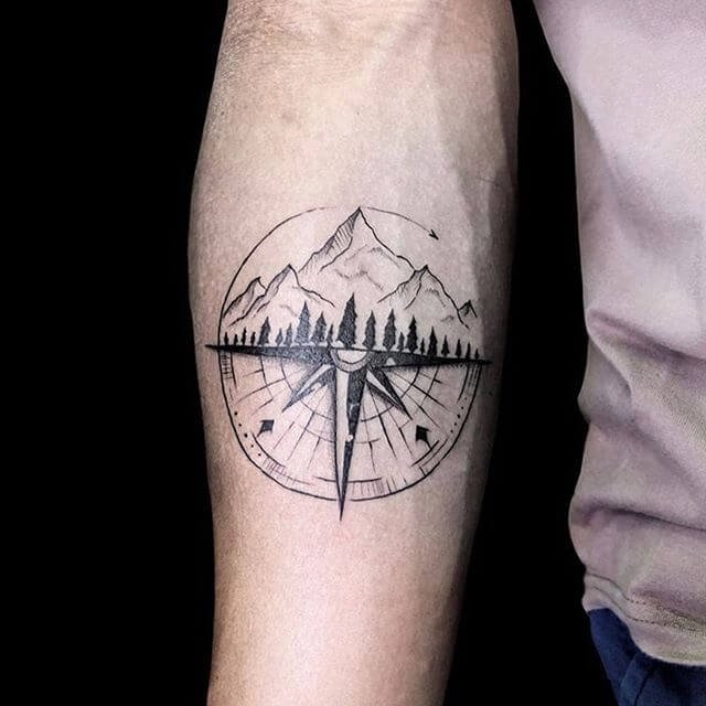 Compass and Mountain Tattoo Design