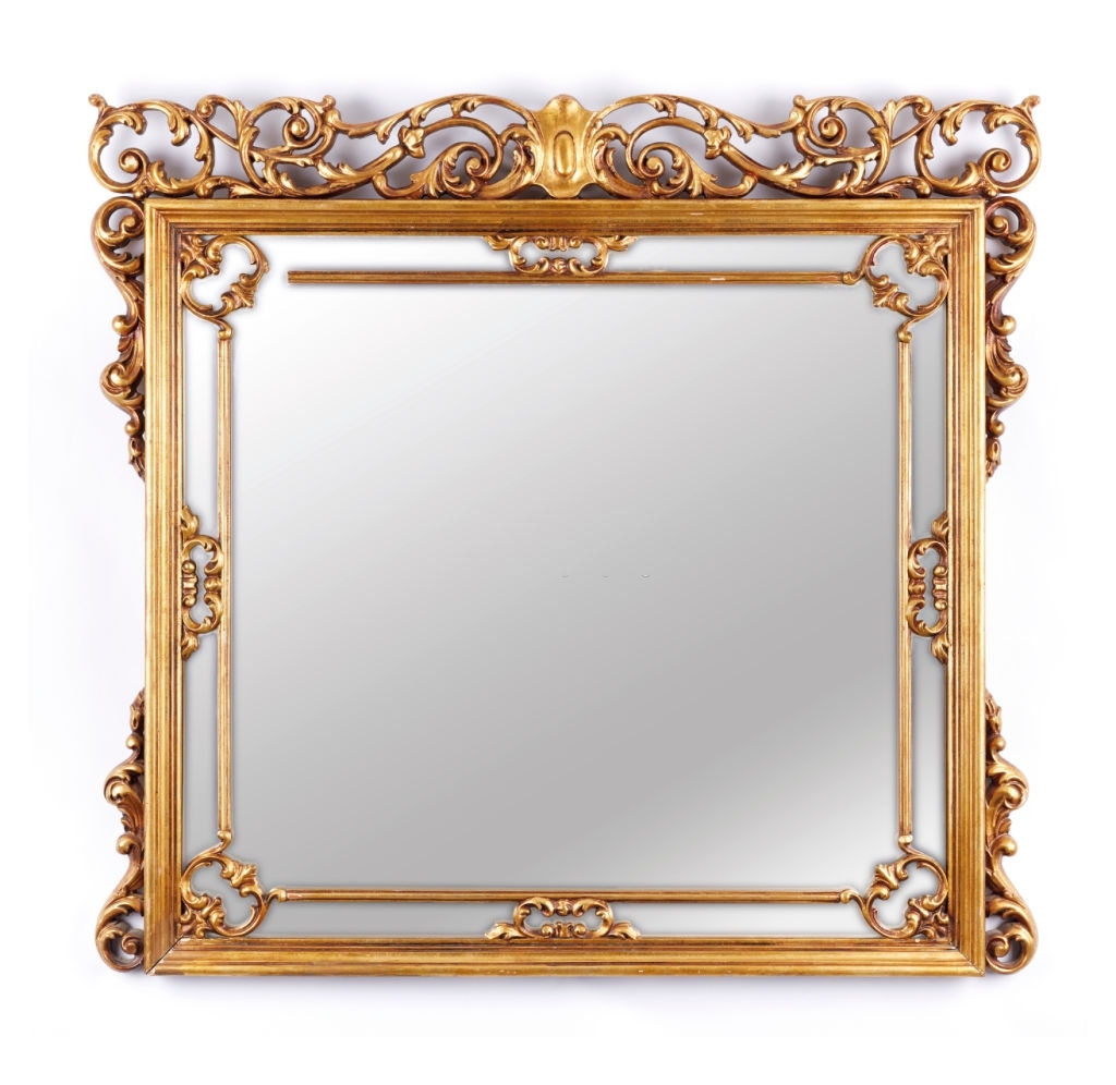 An square gold coloured mirror frame